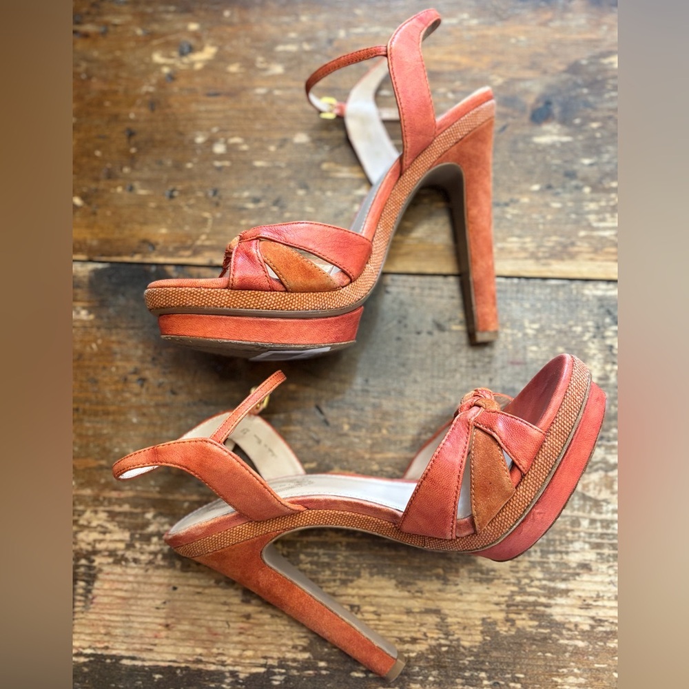 Elie Tahari Collection Coral Orange Braid Strap Sandal Suede Heels